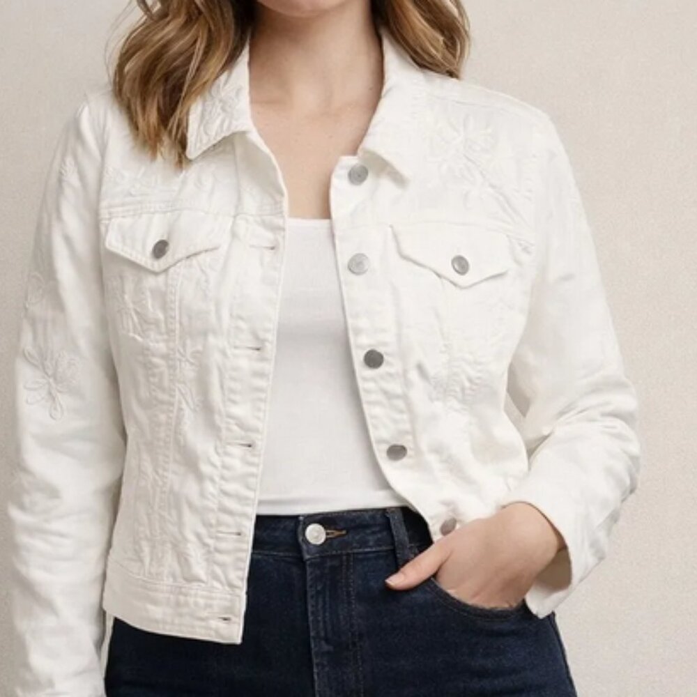 Anthropologie Pilcro and the Letterpress White Floral Embroidered Jean Jacket